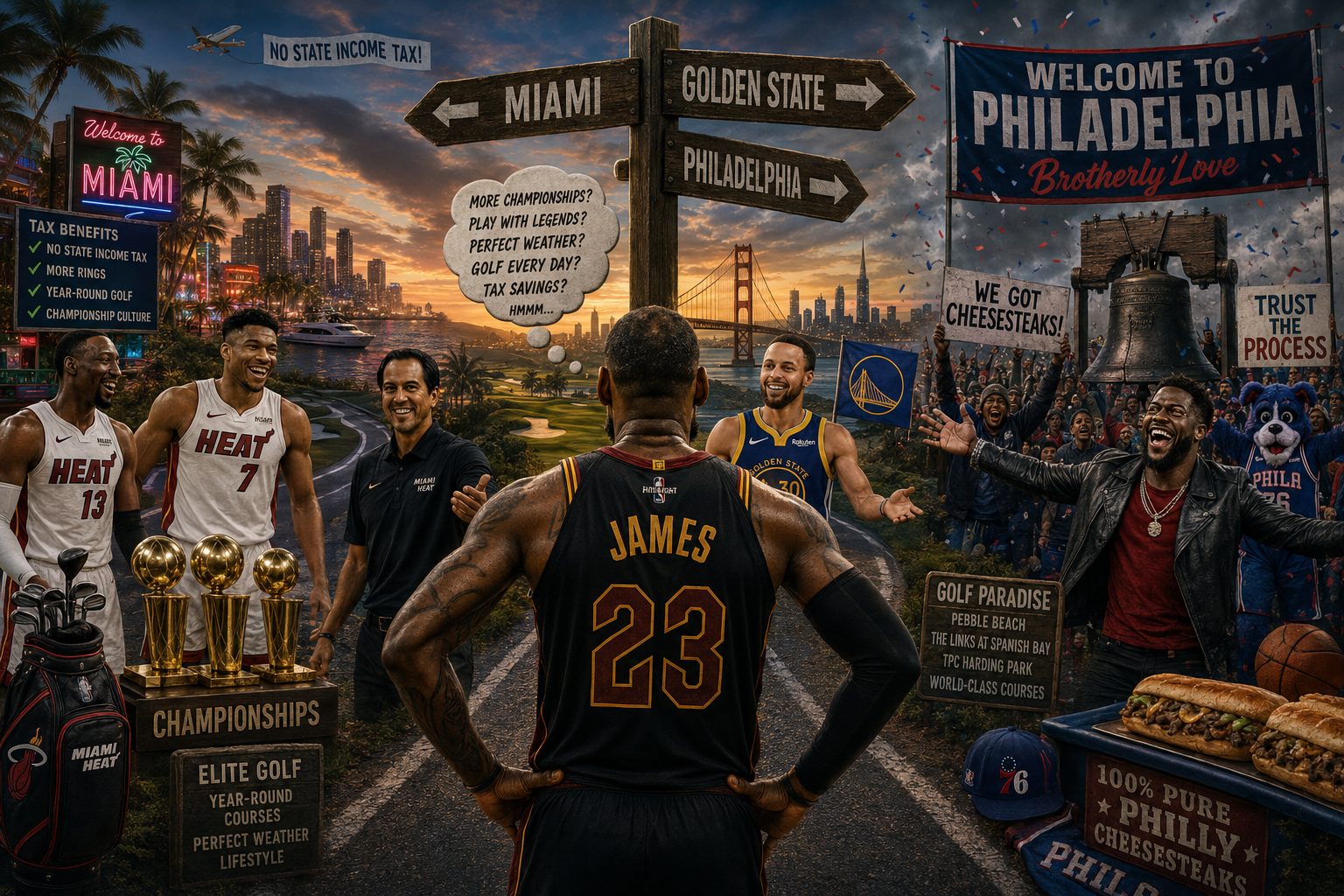 LeBron James at a crossroads weighing Miami, Golden State, and Philadelphia, with Kevin Hart celebrating on the Philly side